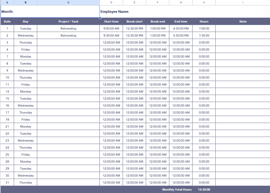 출처: 월별 타임시트 템플릿