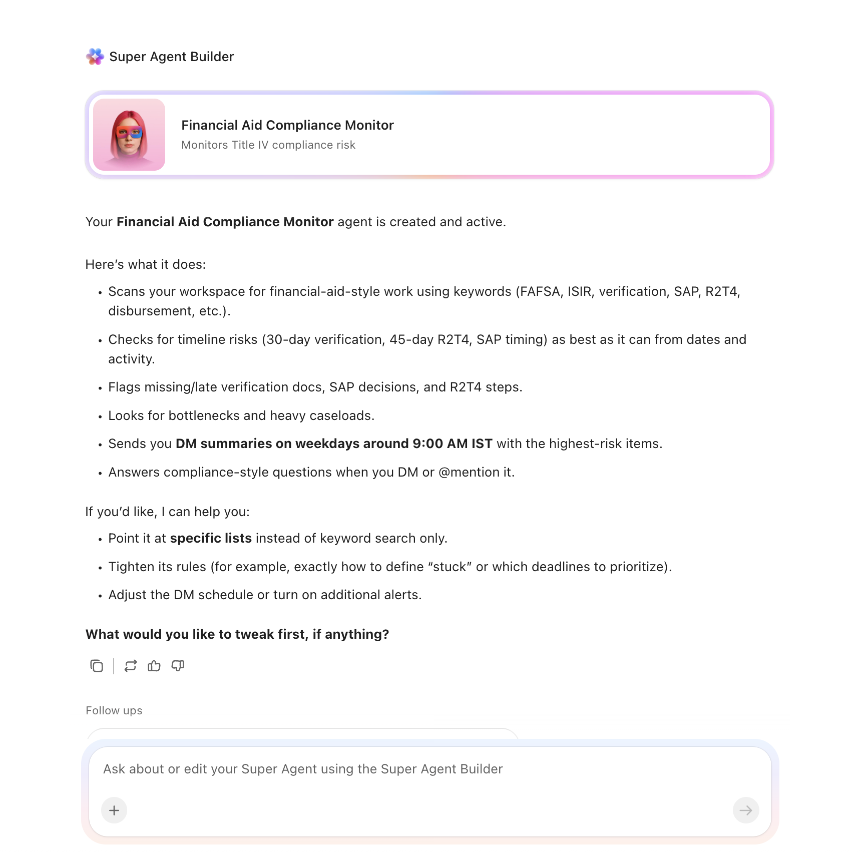 Конструктор на супер агенти за операции по финансова помощ