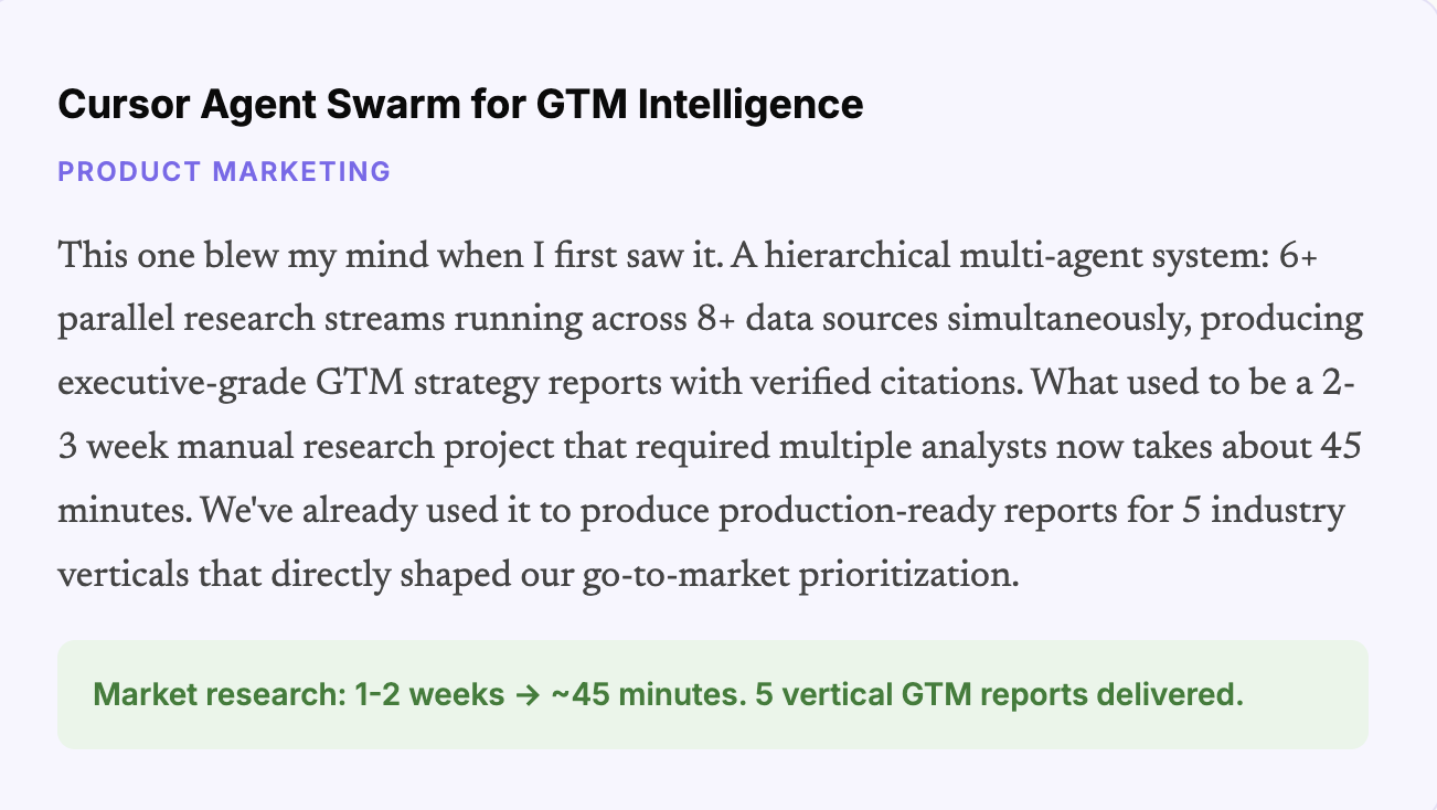 A hierarchical Cursor agent swarm runs parallel research across multiple sources and produces citation-backed GTM reports in about 45 minutes instead of 1 to 2 weeks
