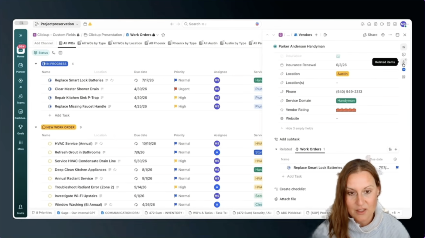 Relacje ClickUp łączą dostawców z zleceniami pracy w obie strony, dzięki czemu możesz przeglądać połączone zadania, dokumenty i historię operacyjną z dowolnego rekordu