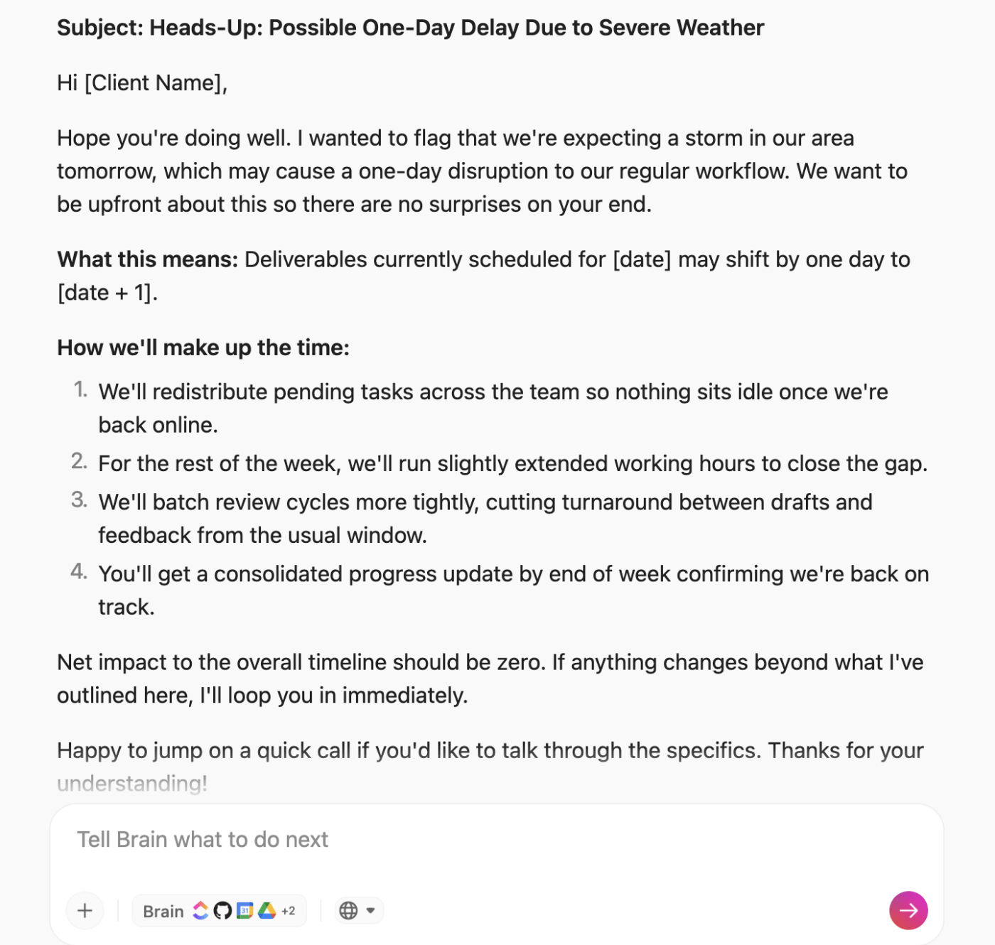 ClickUp Brain MAX (the desktop AI assistant) can craft contextual client updates as needed