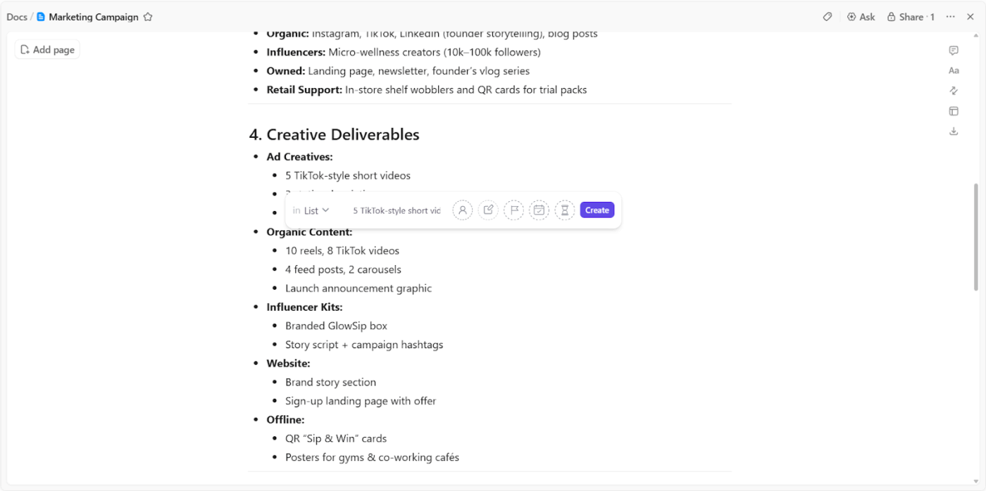 Task creation in ClickUp Docs