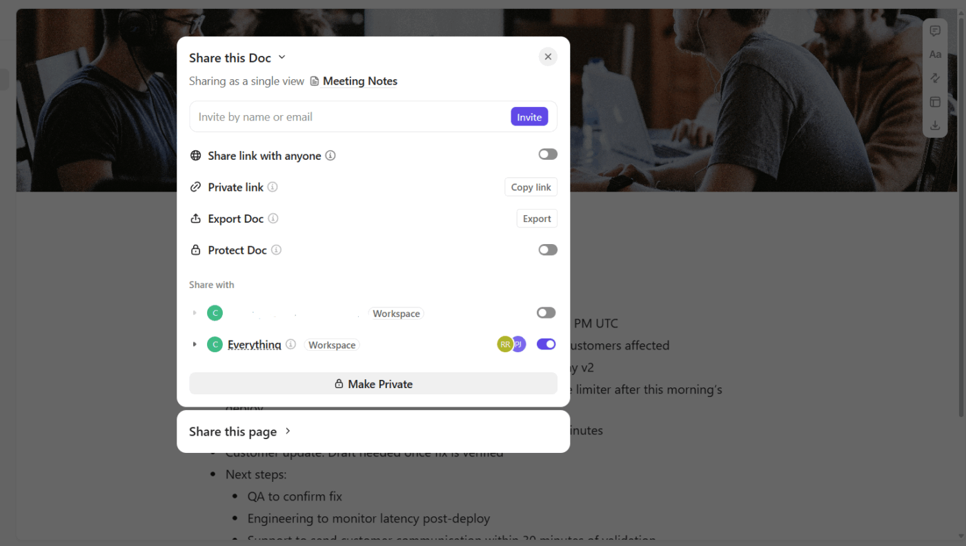 Sharing controls in ClickUp Docs