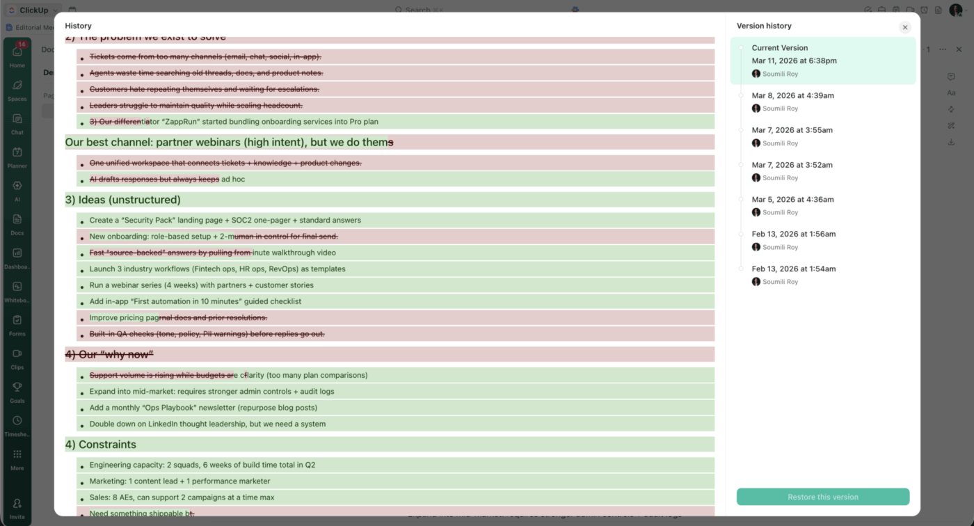 Maintain audit trails of your prompts with ClickUp Doc's Page History: LLM Prompt Governance Templates