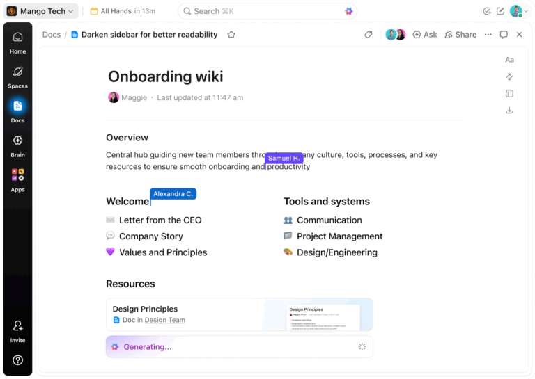 ClickUp Docs for note-taking