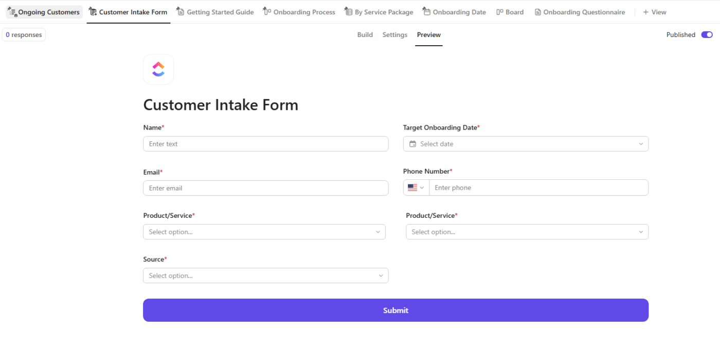 Formuláře ClickUp pro sběr informací o klientech