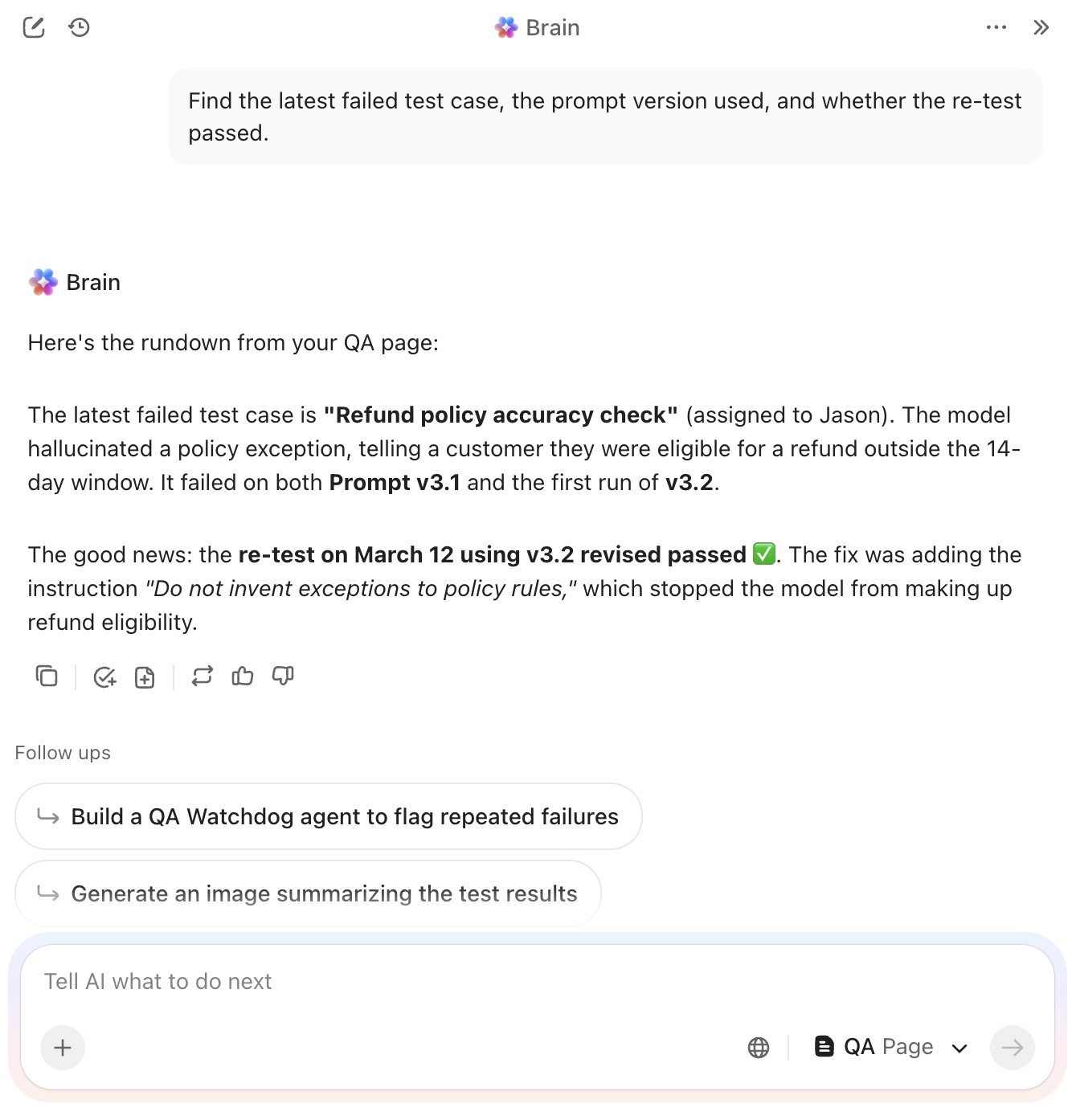 Review test history and rerun context faster with ClickUp Brain