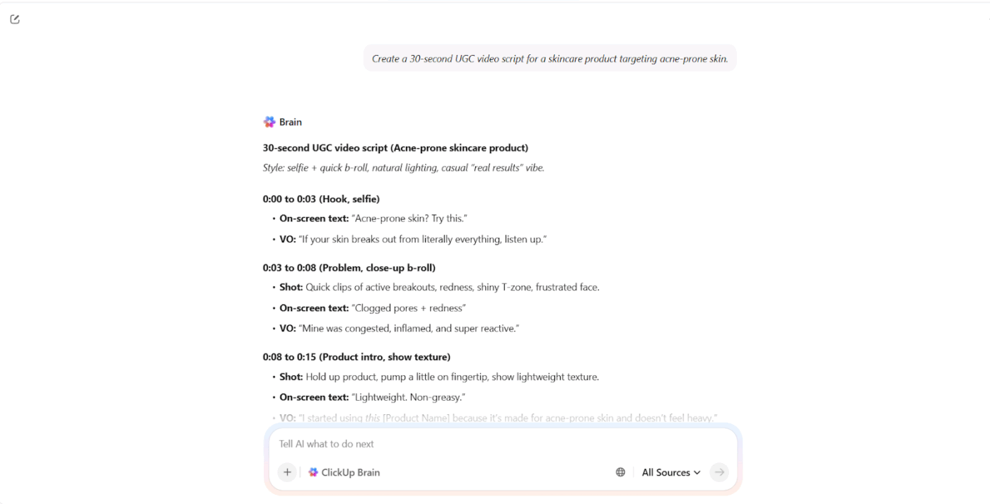 Generate scripts and content plans using ClickUp Brain