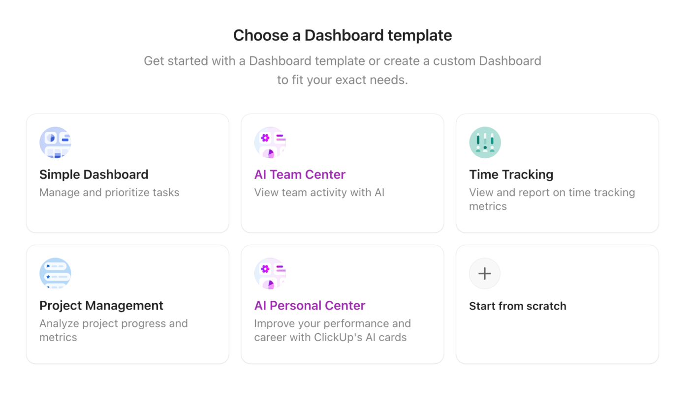템플릿을 선택하거나 ClickUp 대시보드를 처음부터 직접 만들어 보세요: ClickUp의 대시보드 예시