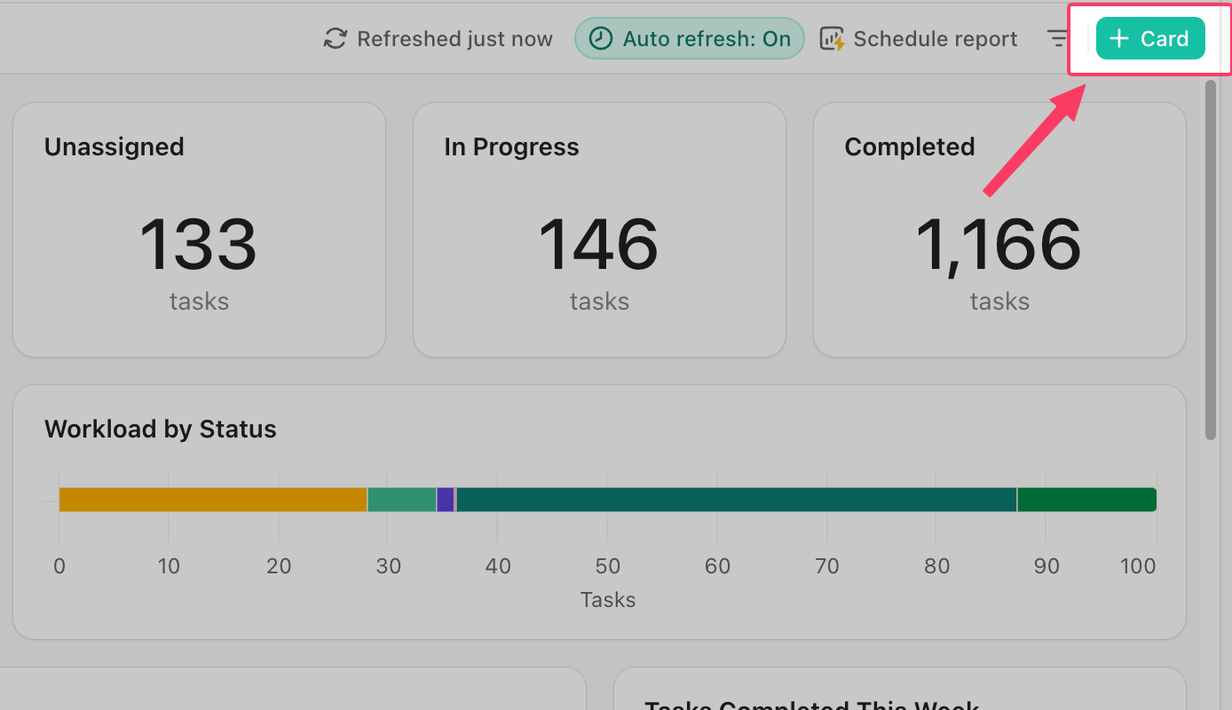 '+ 카드'를 클릭하여 ClickUp 대시보드의 위젯 라이브러리를 열어보세요.