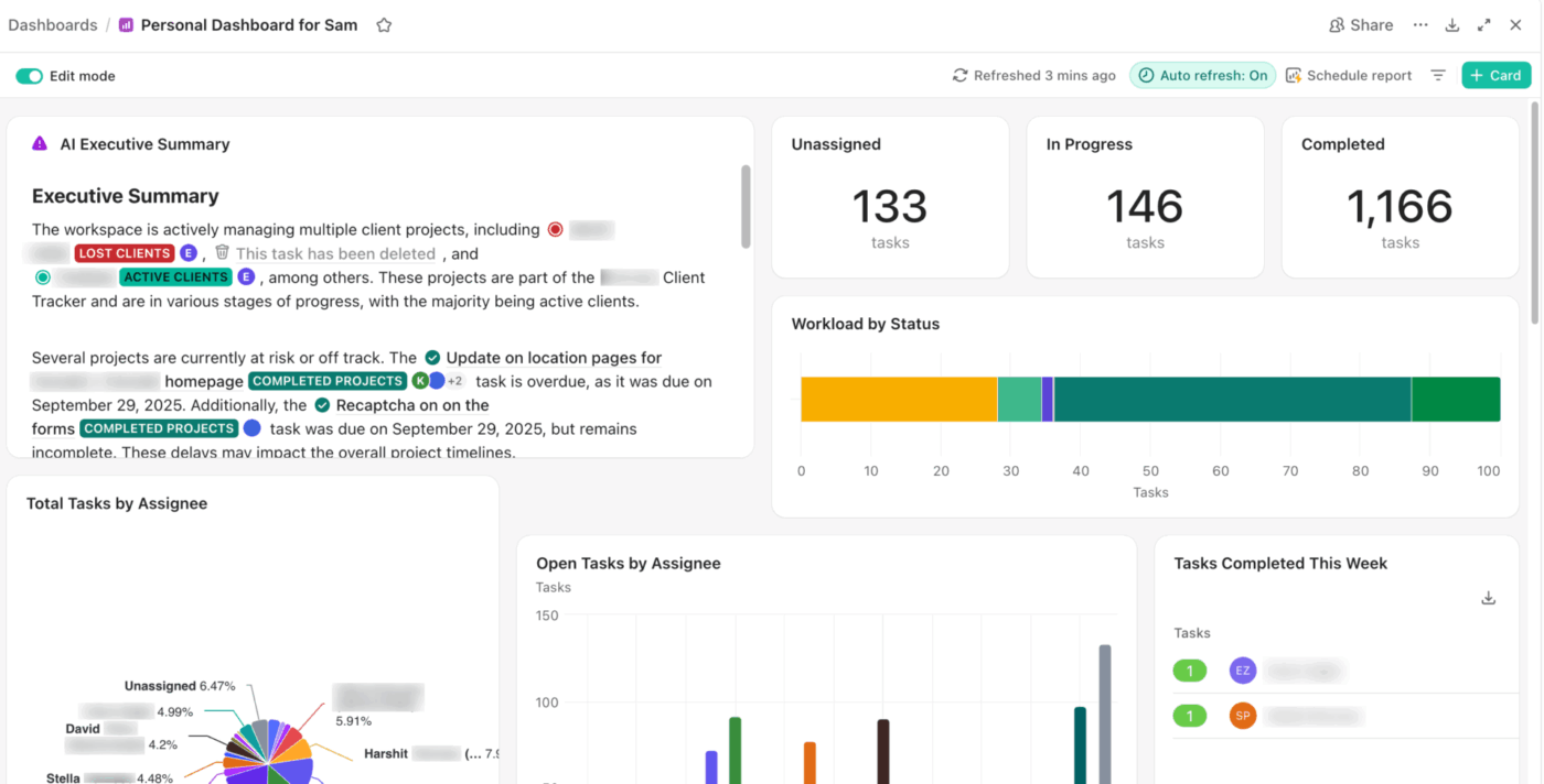 ClickUp 대시보드에서 위젯을 드래그하고 크기를 조정하세요: ClickUp 대시보드 예시