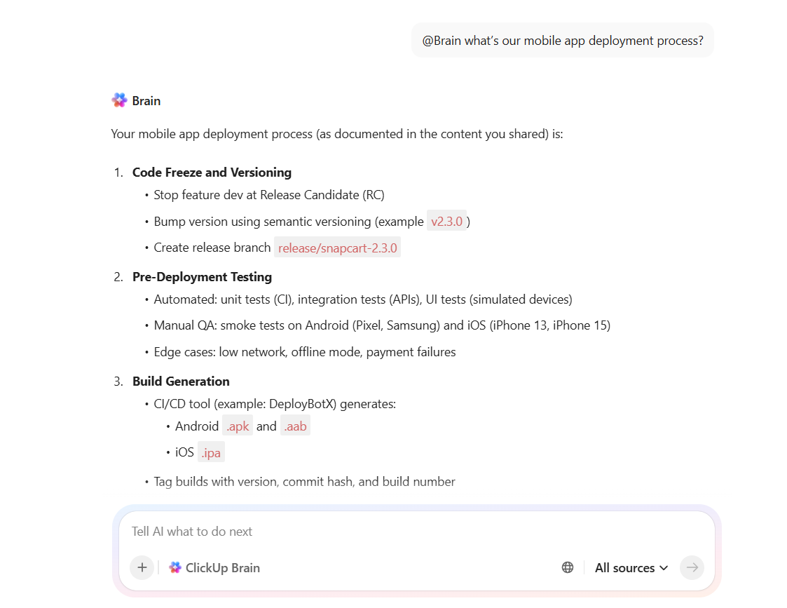 소프트웨어 팀을 위한 ClickUp Brain