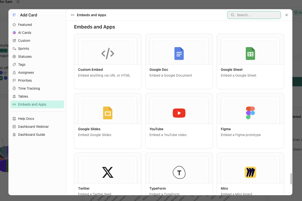 ClickUp 대시보드의 맞춤형 임베드 기능을 사용하여 작업 현황과 실시간 성과 데이터를 함께 보십시오: ClickUp의 대시보드 예시