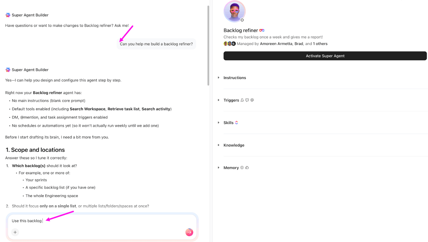 Ask ClickUp Brain's assistance for Super Agent customization