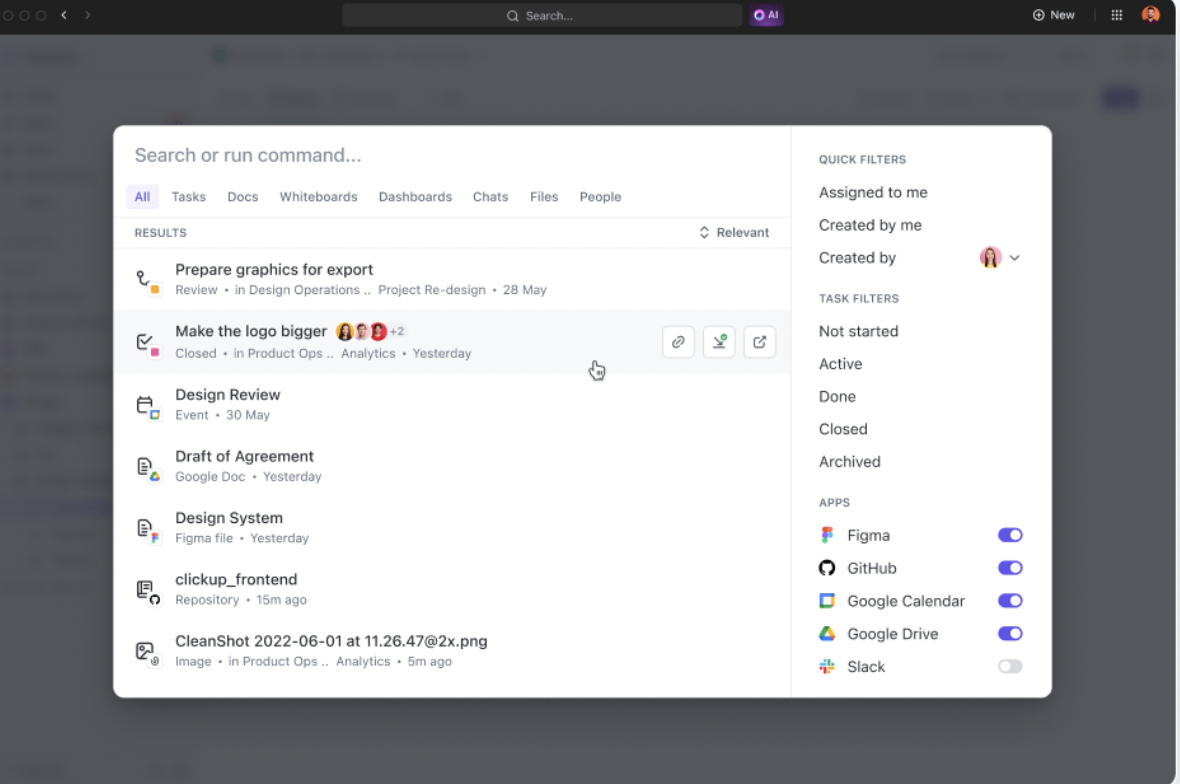 แดชบอร์ดการค้นหาแบบเชื่อมต่อของ ClickUp ค้นหาข้าม Slack, Notion, Google Docs และพื้นที่ทำงานของ ClickUp
