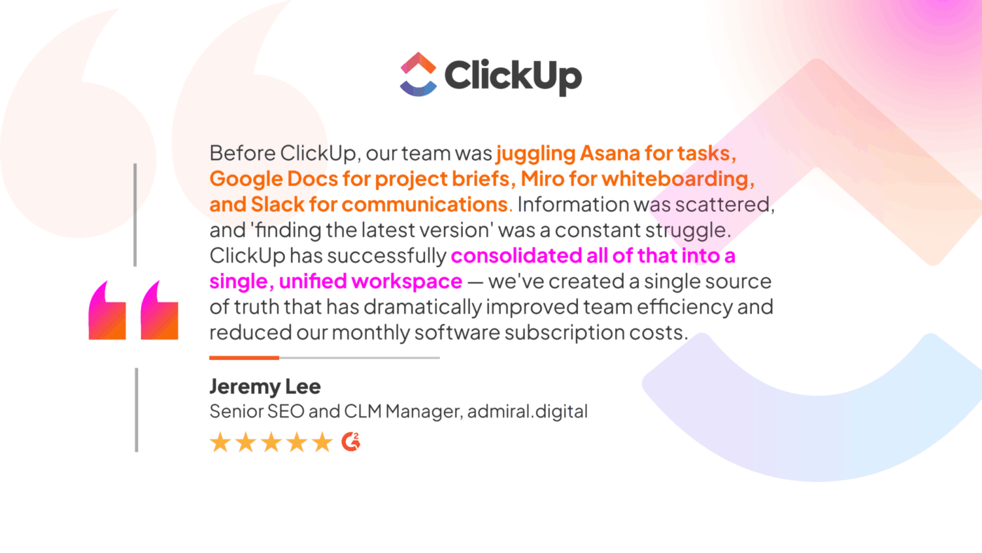 admiral.digital customer story: The ROI of consolidating 20+ apps into ClickUp Accelerator