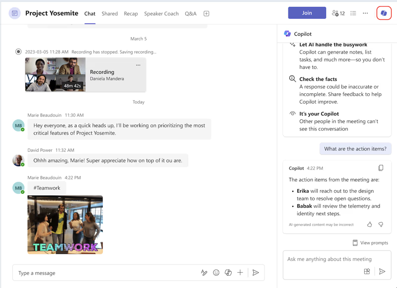 Chat Copilot dans Microsoft Teams