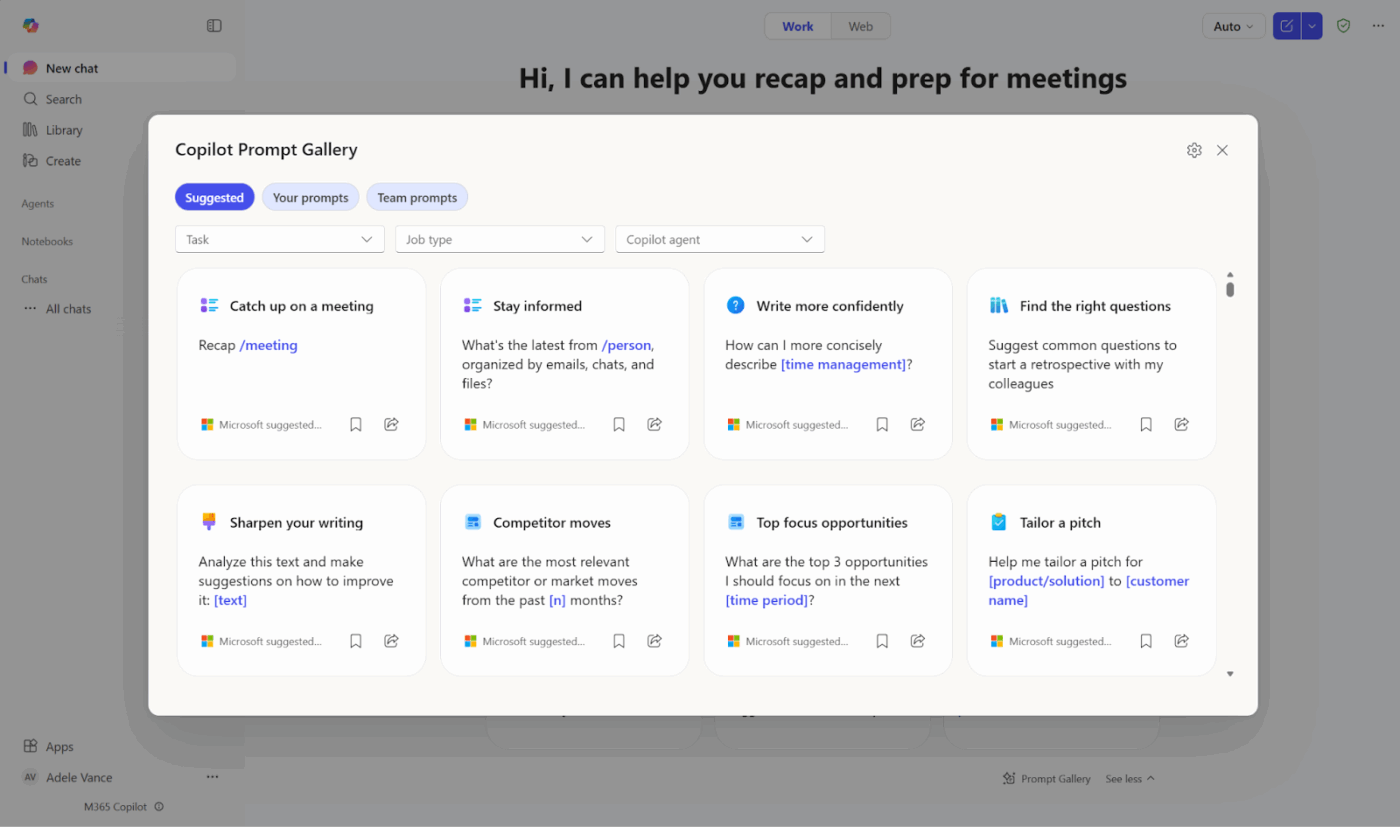 Galerie de suggestions Copilot par Microsoft