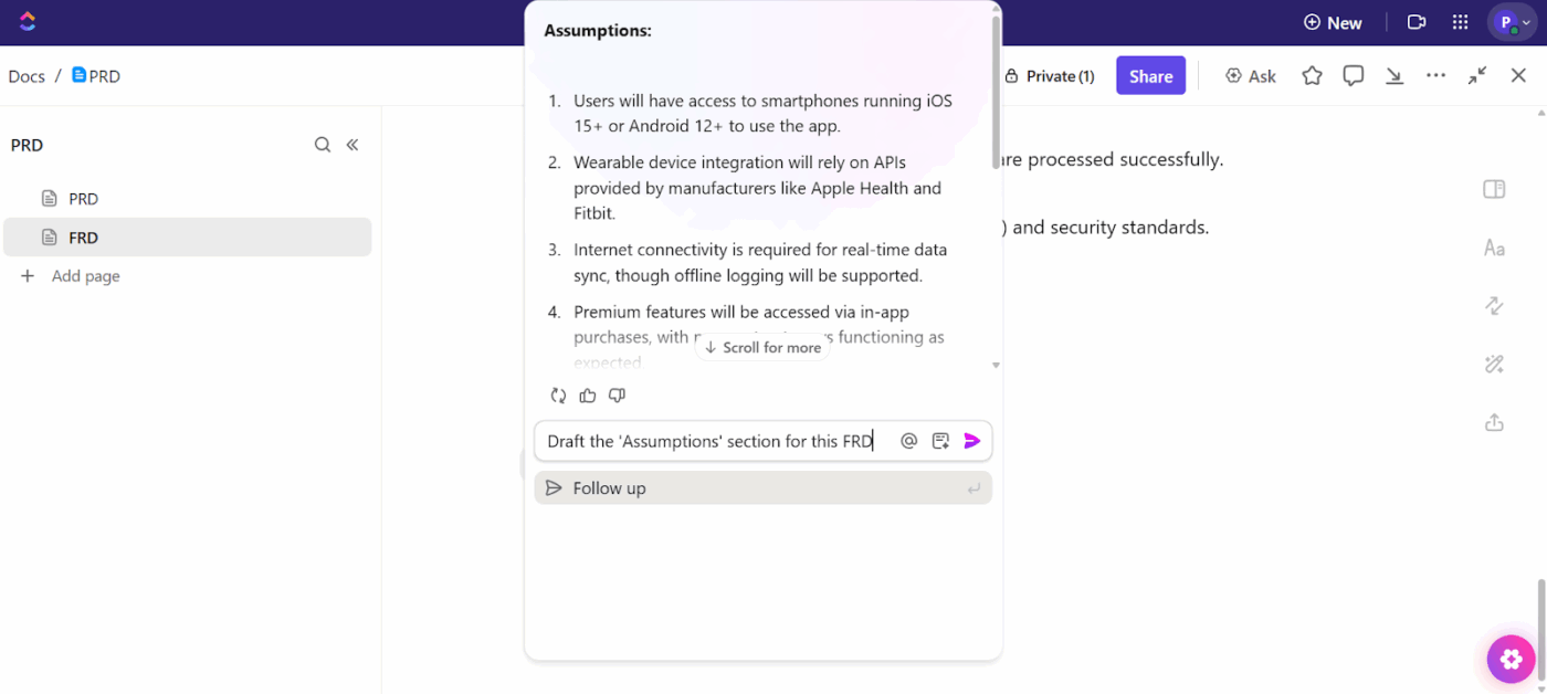 ClickUp AI Writer لكتابة وثائق متطلبات المنتج (PRD)