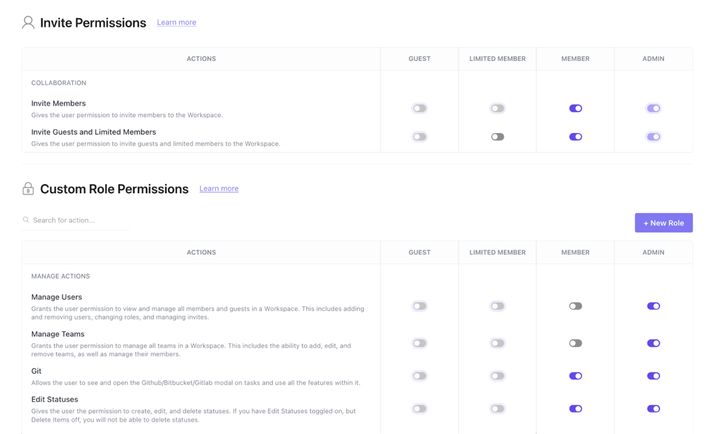 การตั้งค่าบทบาทผู้ใช้และสิทธิ์การเข้าถึงของ ClickUp สำหรับการควบคุมการเข้าถึงอย่างละเอียดและการกำหนดบทบาทผู้เยี่ยมชมแบบกำหนดเอง