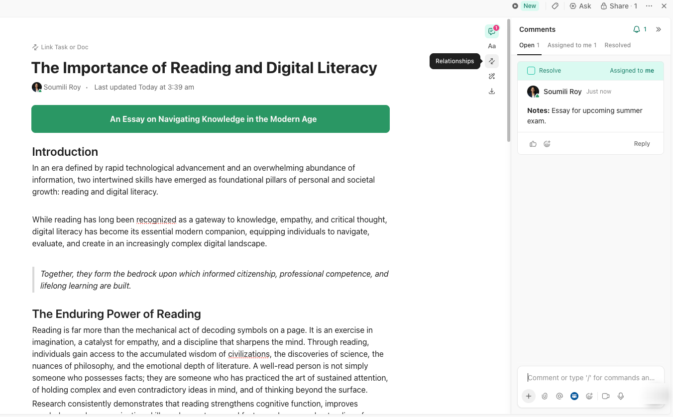 ร่างเอกสารและบันทึกการศึกษารูปแบบยืดหยุ่นใน ClickUp Docs