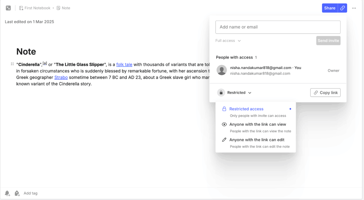 Evernote lets you control note sharing with restricted access, view-only links, or full edit permissions for collaborators