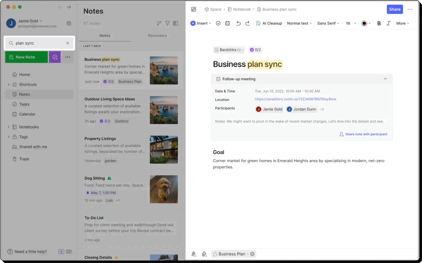 Evernote's powerful search instantly surfaces notes by keyword, letting you find meeting details and project plans across your entire library