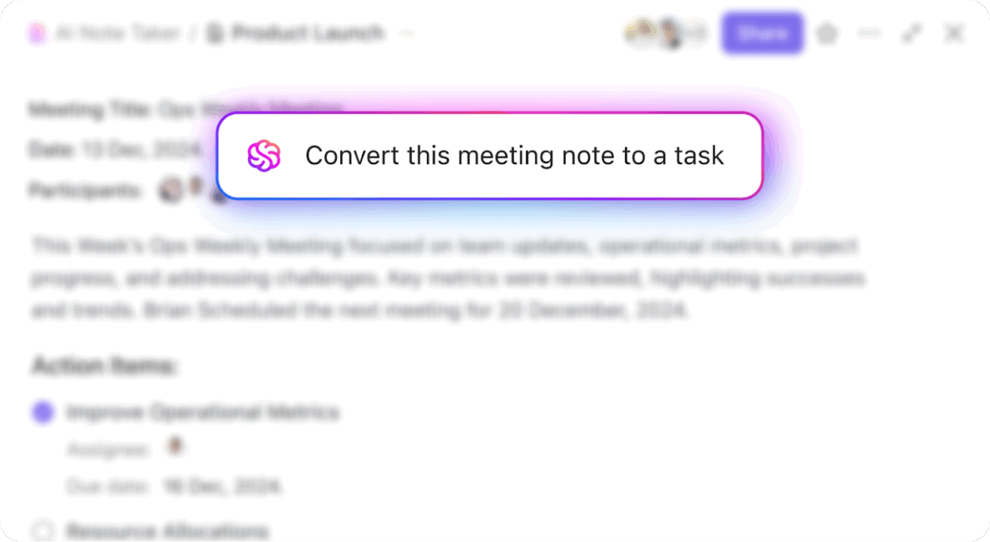Use ClickUp Brain to instantly convert meeting notes into tasks with assignees and due dates, so nothing falls through the cracks