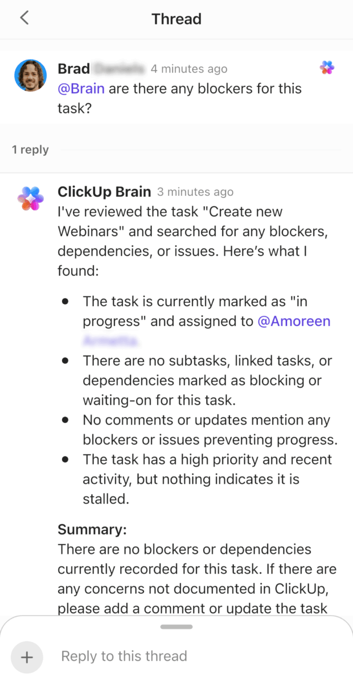 ClickUp Brain answering in ClickUp Chat: how to build an AI knowledge base in ClickUp