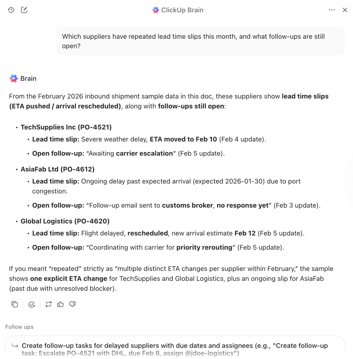 Get contextual answers about your supply chain lifecycle with ClickUp AI: AI for Supply Chain Management