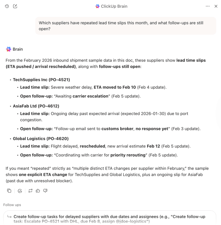 Get contextual answers about your supply chain lifecycle with ClickUp AI