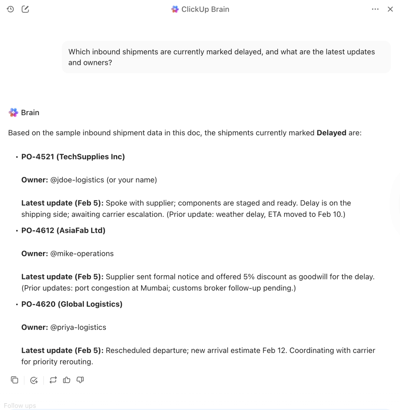 Get structured answers from your workspace and connected apps with ClickUp Brain: AI for Supply Chain Management