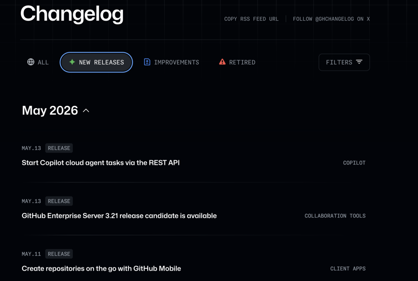 The GitHub changelog is built for easy filtering