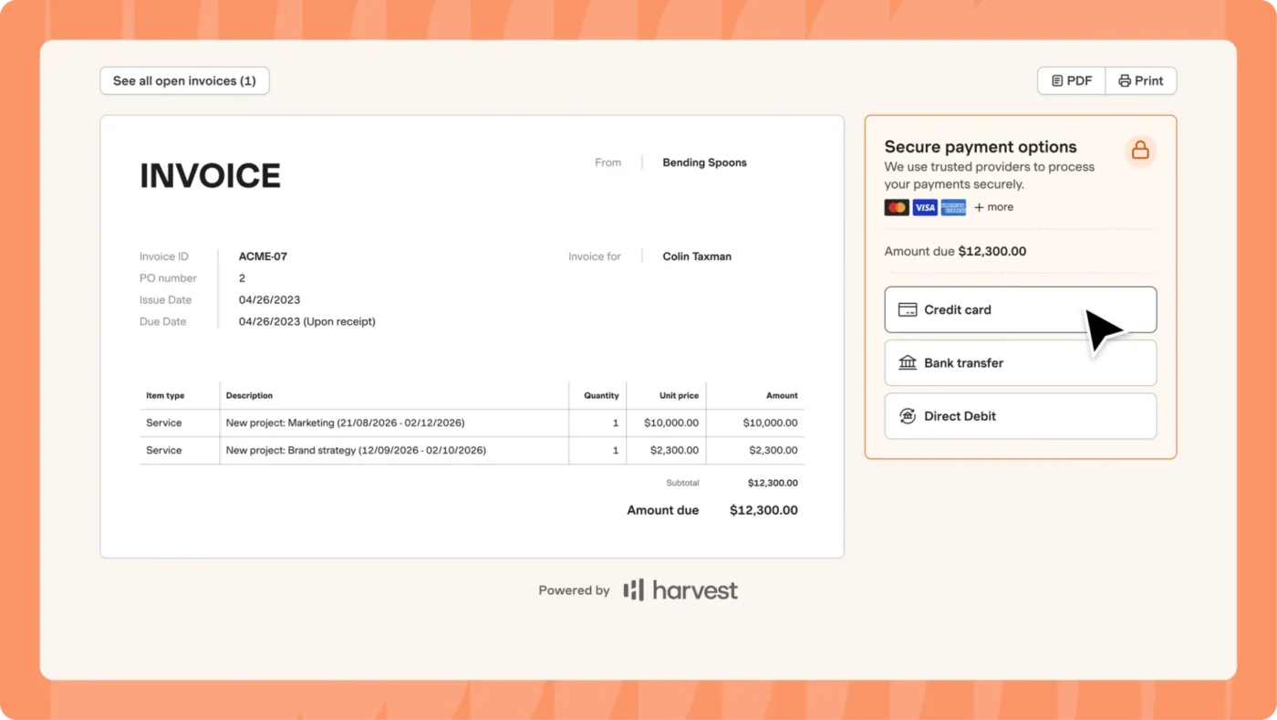Harvest dashboard showing billable hours, project costs, and client invoices