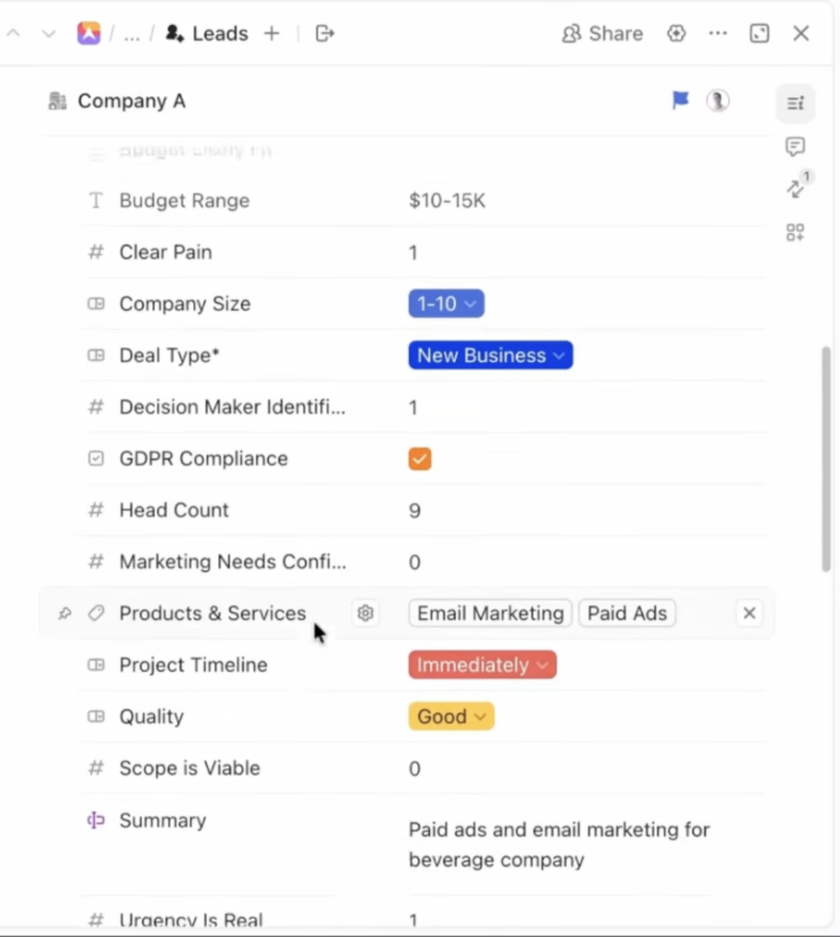 Company-specific fields like budget range, company size, and lead quality can live on the Company Task Type instead of appearing on every contact subtask