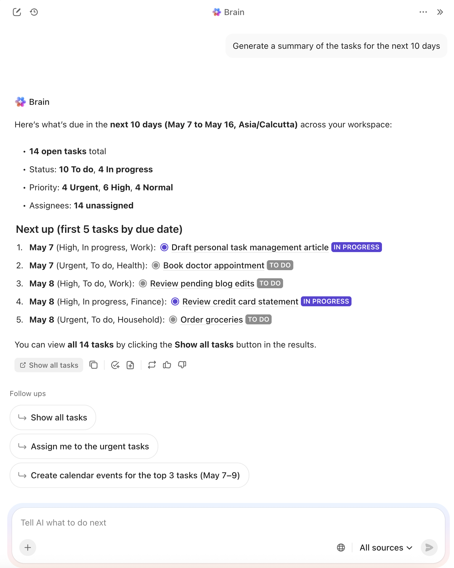 Use ClickUp's AI abilities to summarize upcoming tasks, statuses, priorities, and due dates before planning the week