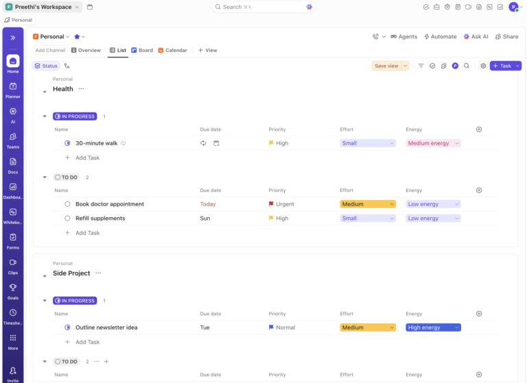 Personal task list on ClickUp