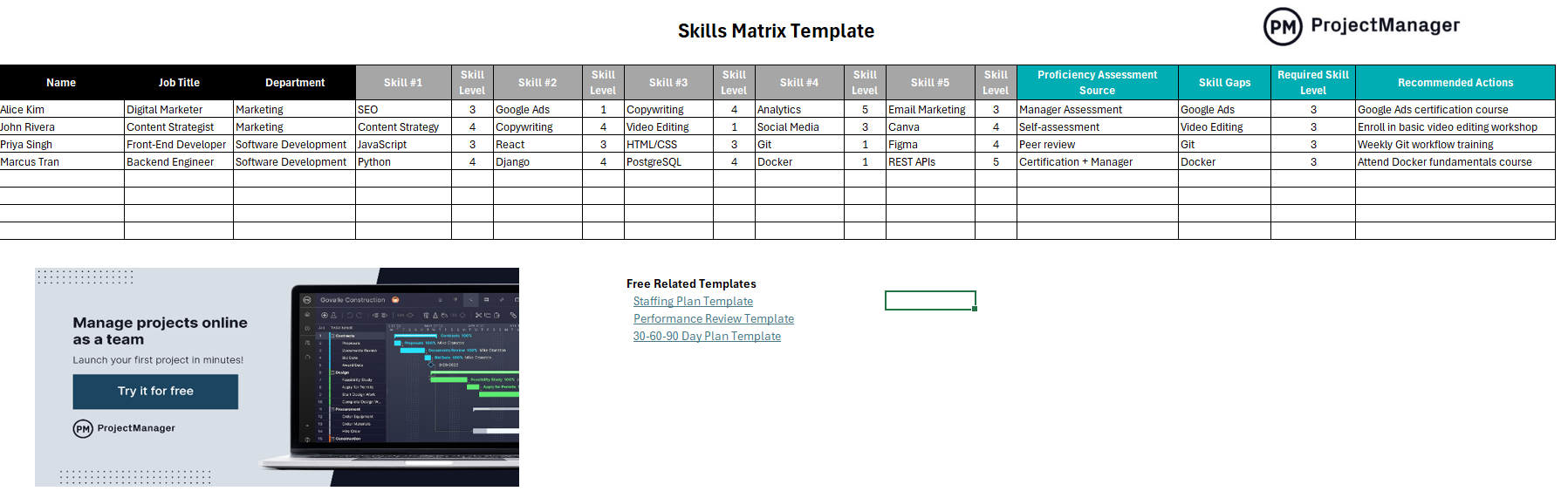 Have your skills matrix lead directly to a development plan with the Skills Matrix Template