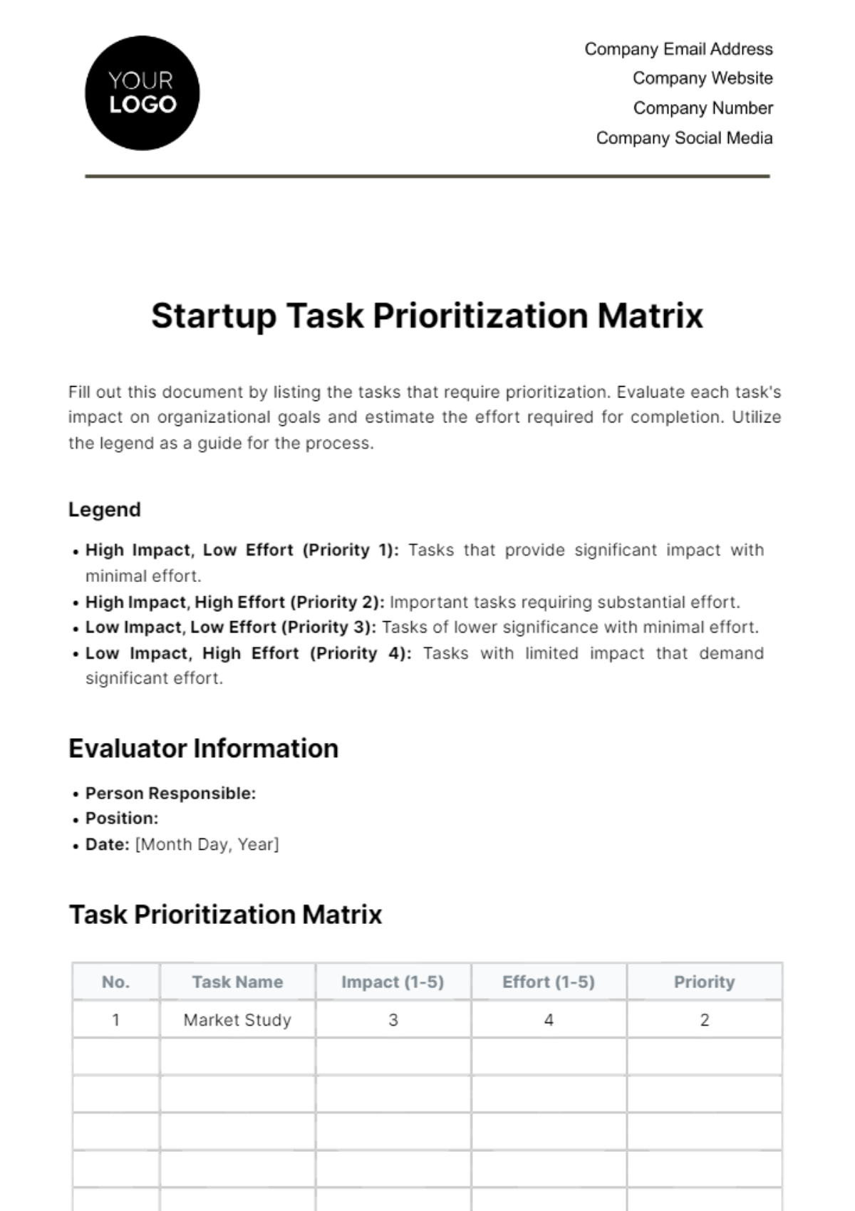 Score startup tasks by impact and effort with the Startup Task Prioritization Matrix Template by Template.net