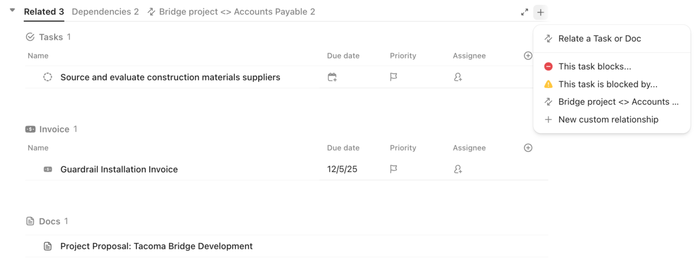 Create task relationships to show dependencies in project tasks with ClickUp