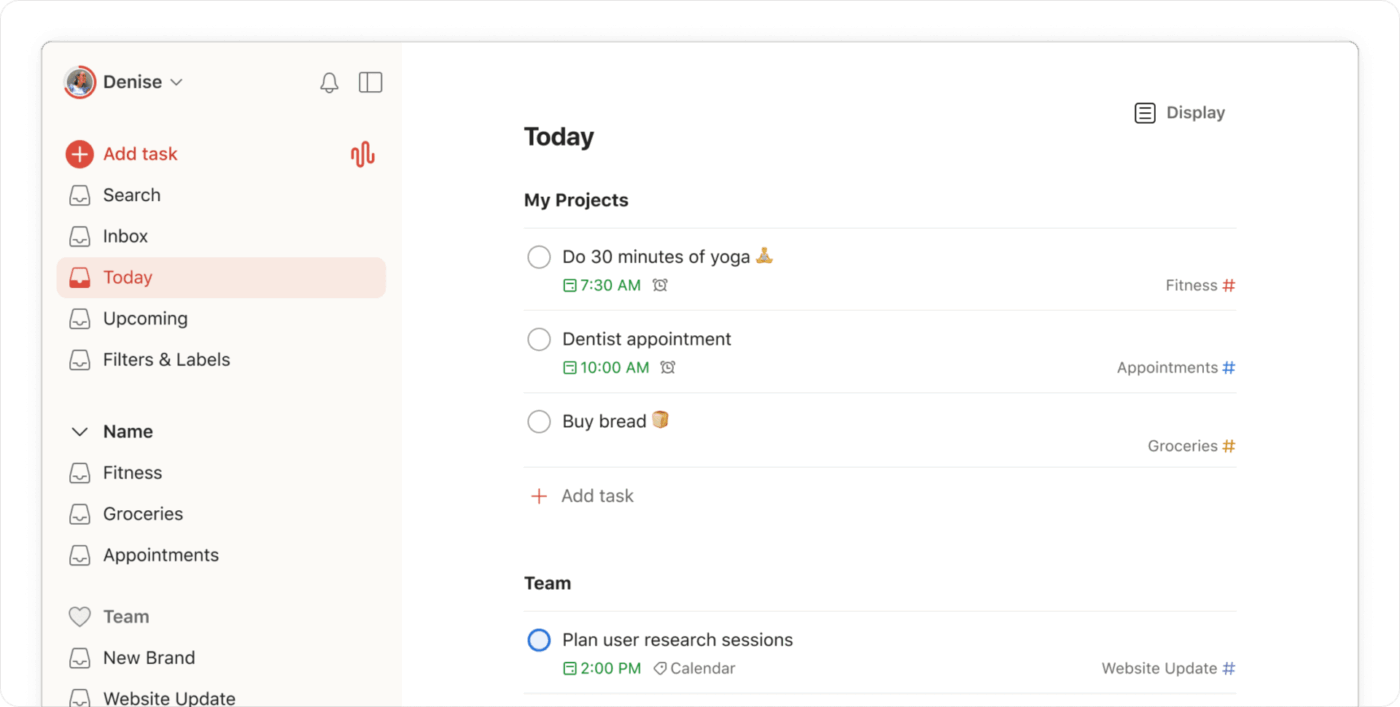 Todoist personal task list showing priorities, deadlines, and recurring tasks