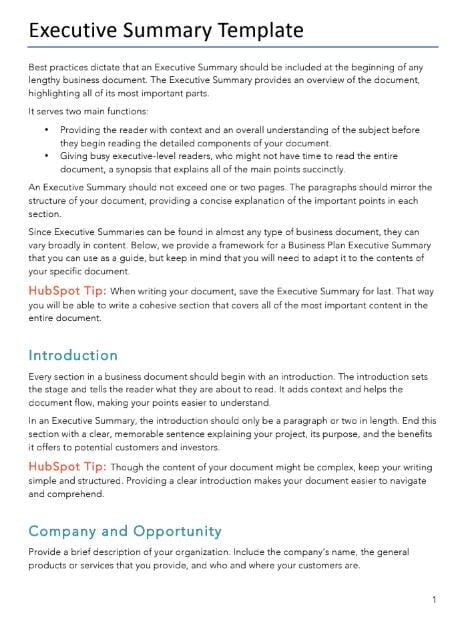 Executive Summary Template by HubSpot