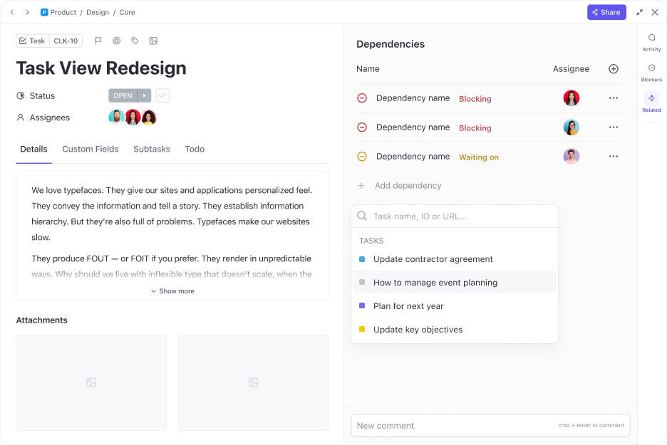 Automatically adjust timelines when one task blocks or waits on another via ClickUp Task Dependencies ClickUp Task Dependencies panel showing blocked and waiting-on relationships
