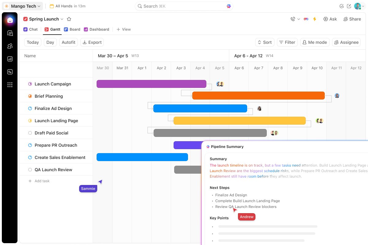 Website project management in ClickUp Gantt Chart View