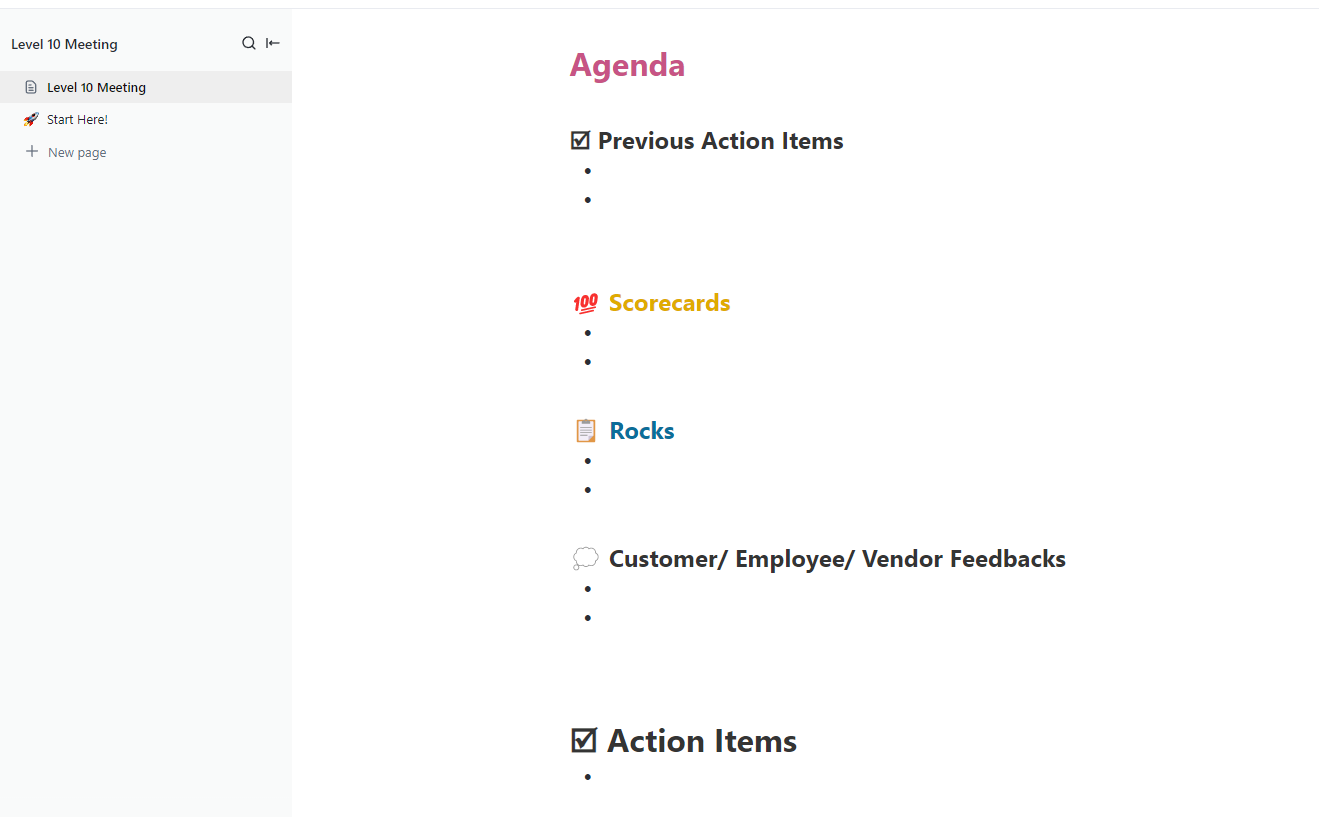 Track rocks, scorecard KPIs, and to-dos in one doc with the ClickUp Level 10 Meeting Template