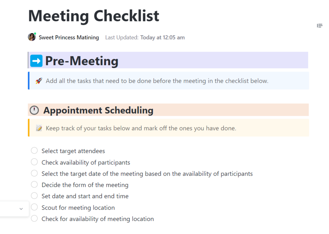 Cover every step before, during, and after your meeting with the ClickUp Meeting Checklist Template