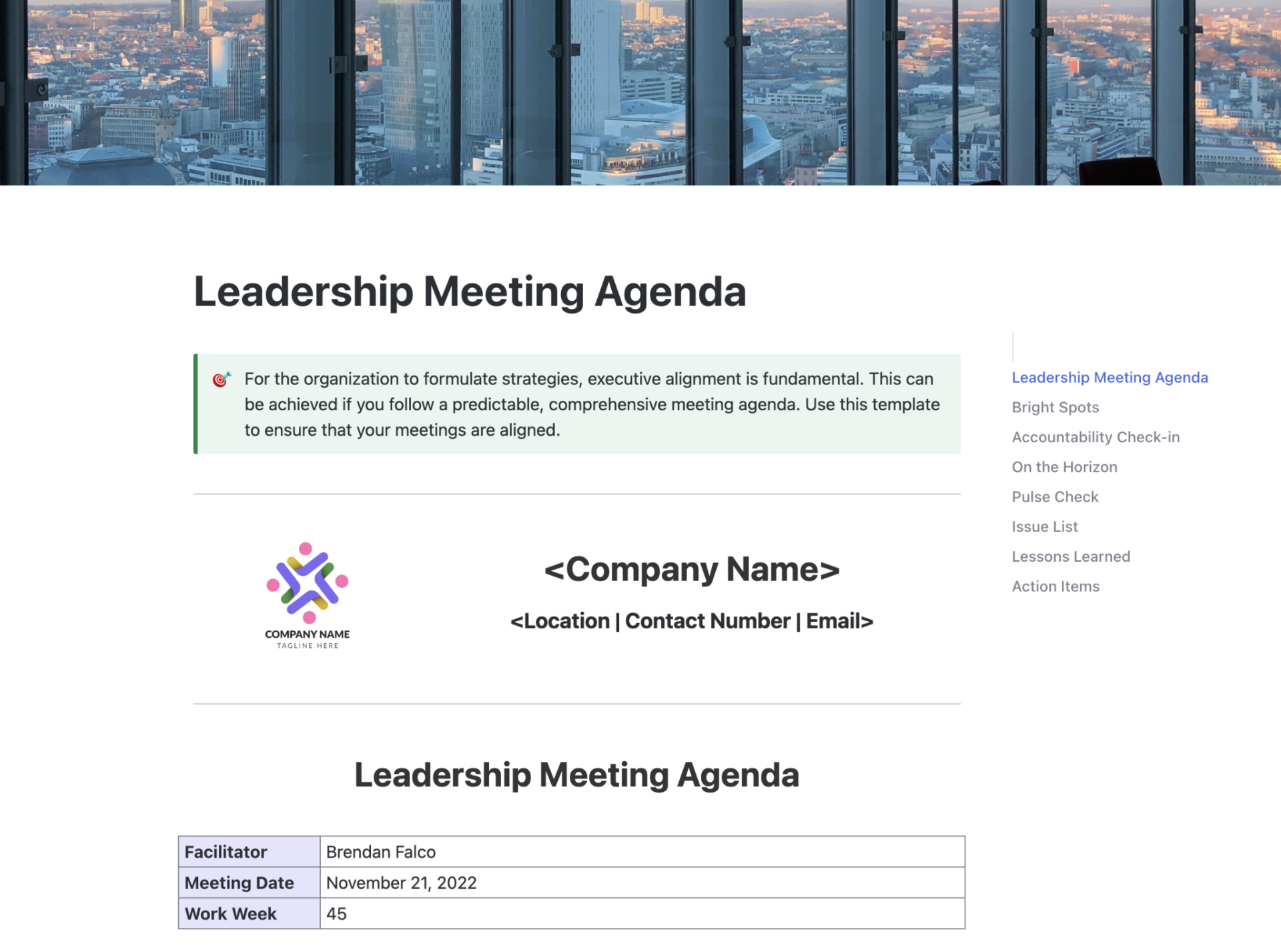 Set topics, assign owners, and follow up on action items using the ClickUp Leadership Meeting Agenda Template