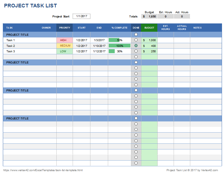 Track project tasks and progress offline with the Project Task List Template by Vertex42