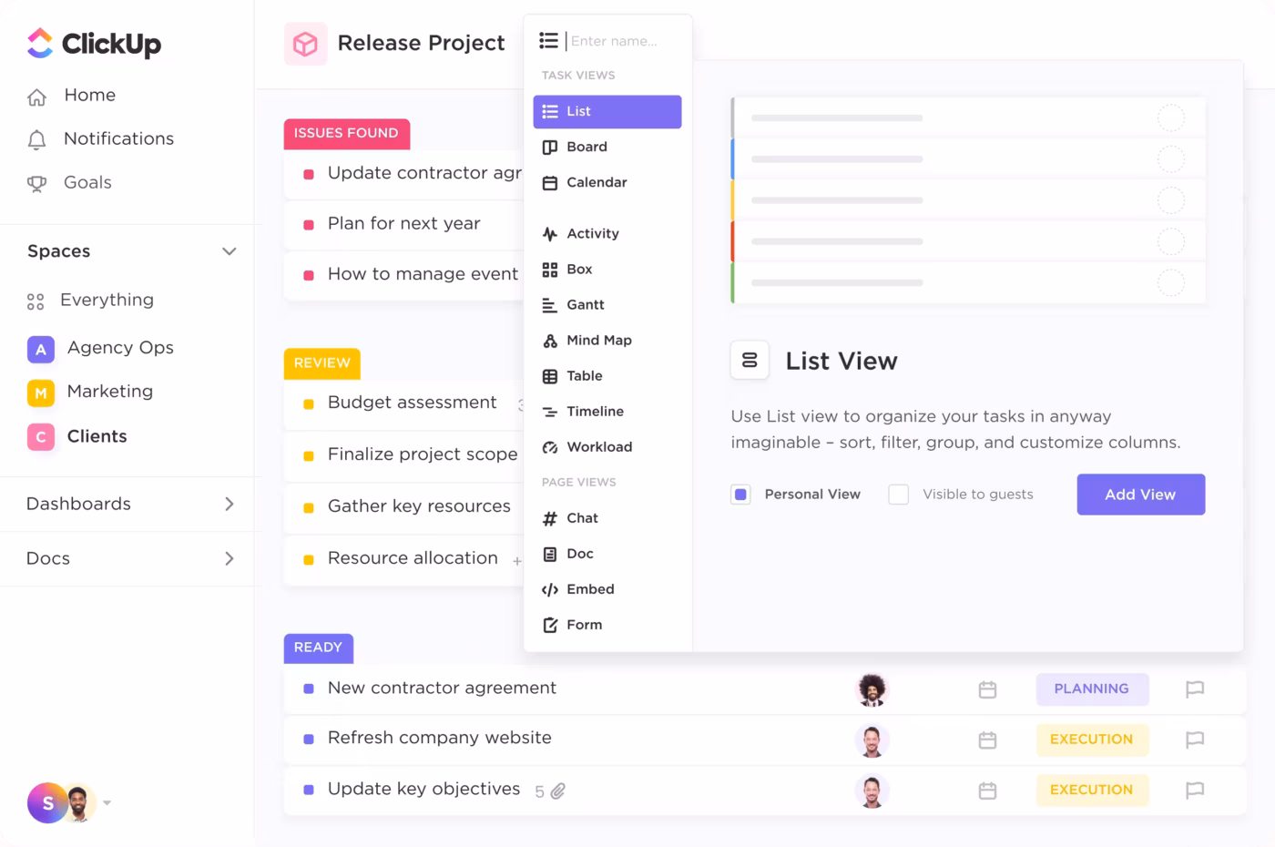 ClickUp agency workspace showing client projects, feedback, timelines, approvals, and deliverables