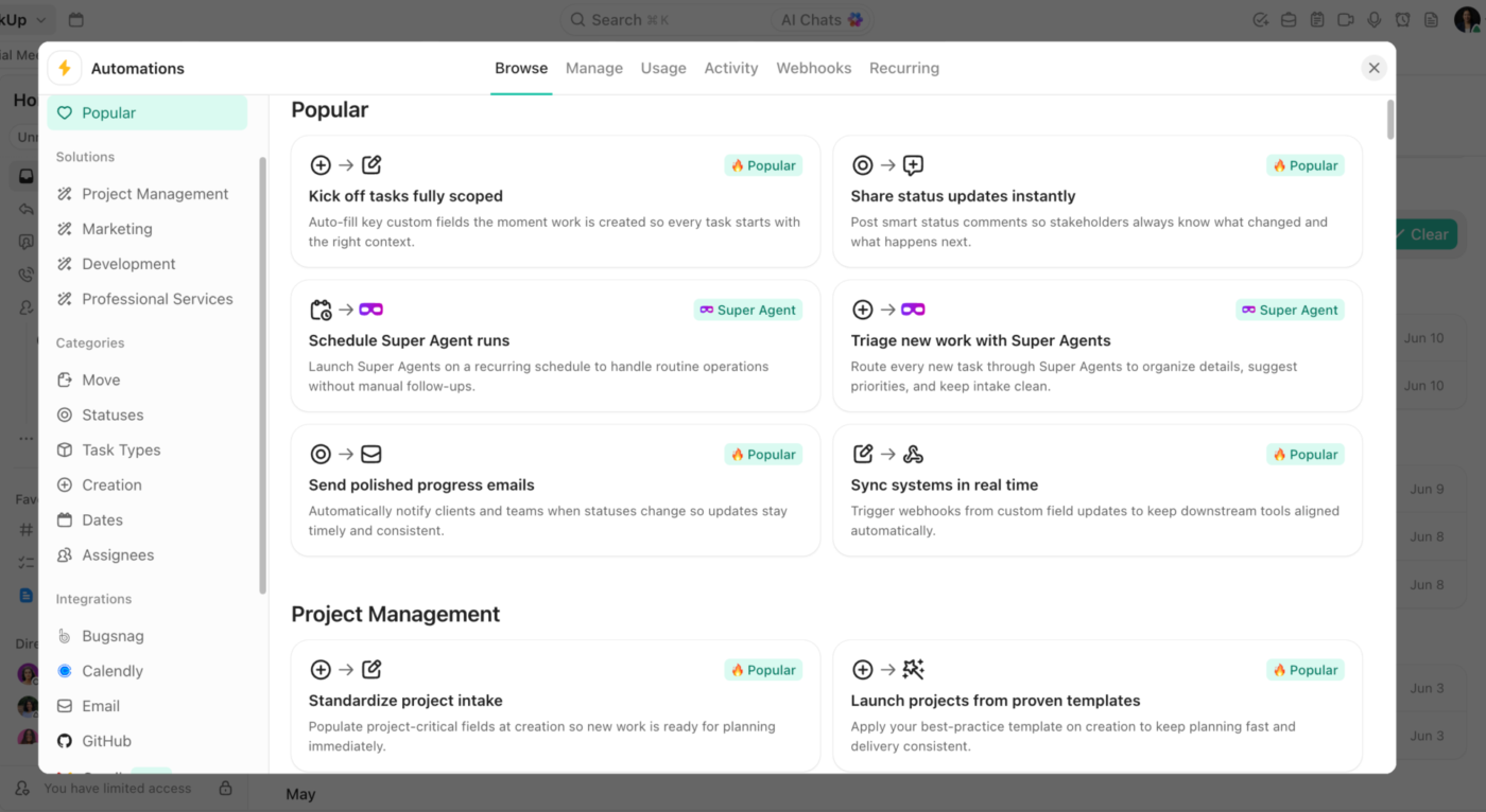Automate complex workflows with ClickUp Automations and the AI automation builder